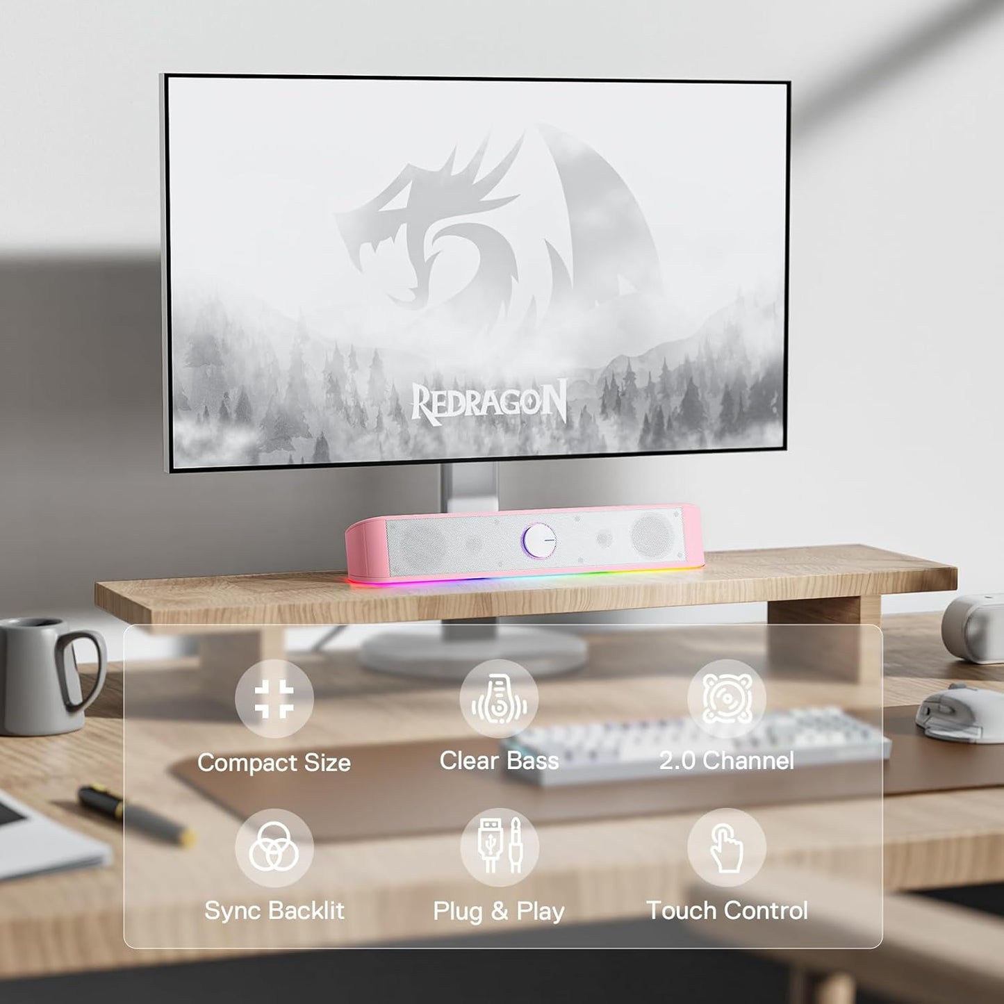 Redragon GS560 RGB Desktop Soundbar, 2.0 Channel Computer Speaker with Dynamic Lighting Bar Audio-Light Sync/Display, Touch-Control Backlit with Volume Knob, USB Powered w/ 3.5mm Cable, Pink