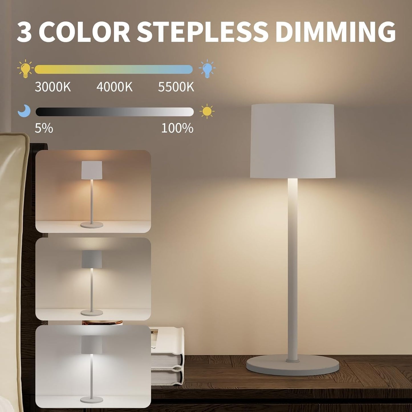 2-Pack Cordless Table Lamp, Portable LED Desk Lamps, 2 Adjustable Height, 4400mAh Battery Powered Rechargeable Light, 3 Color Stepless Dimming, for Restaurant, Bedroom, Outdoor Camping