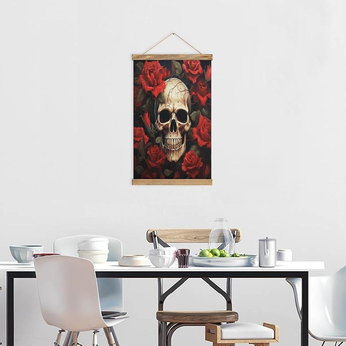 Vintage Skull Rose-Red Poster with Wooden Frame Personalized Linen Hanging Scroll Painting Rustic Wall Hanging Illustrative Modern Artwork Decor for Home Living Room Bedroom Office