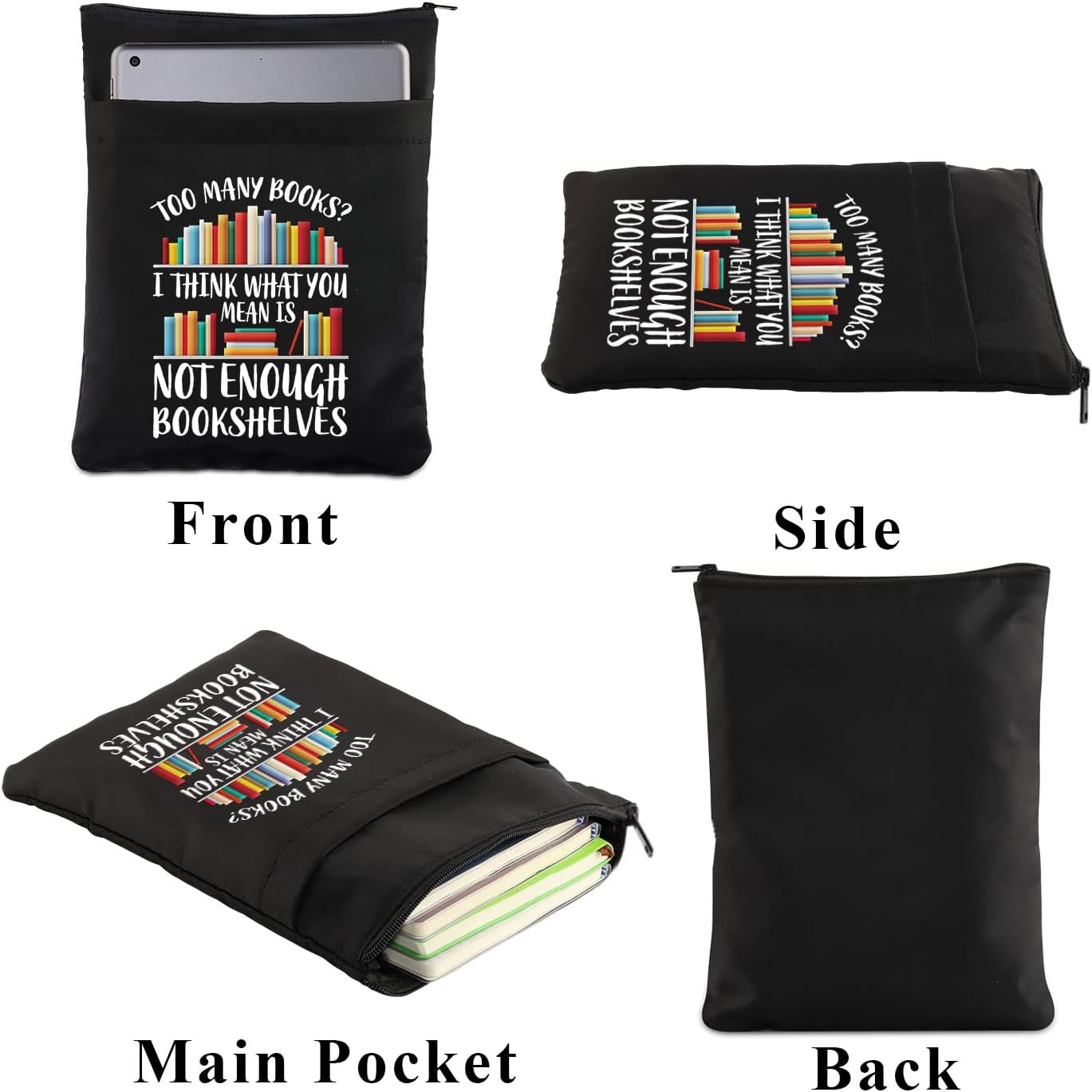 PLITI Bookworm Book Sleeve Book Lover Book Bag Book Club Gift Literary Book Theme Book Protector Bookish Gift (Enough Bookshelves BSBL)