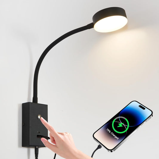 LED Wall Mounted Reading Light for Bed, Flexible Gooseneck Book Light for Wall Bedside Lamp with USB-A/C Output,Touch Control 5 Dimmable Headboard Bed Lights