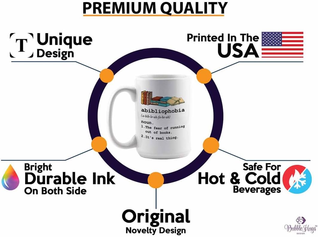 Reading Coffee Mug 15oz White - Abibliophobia Definition - Reader Gift Bookworm Owl Lover Cat Lover Book Lover Novelist Librarian Writer