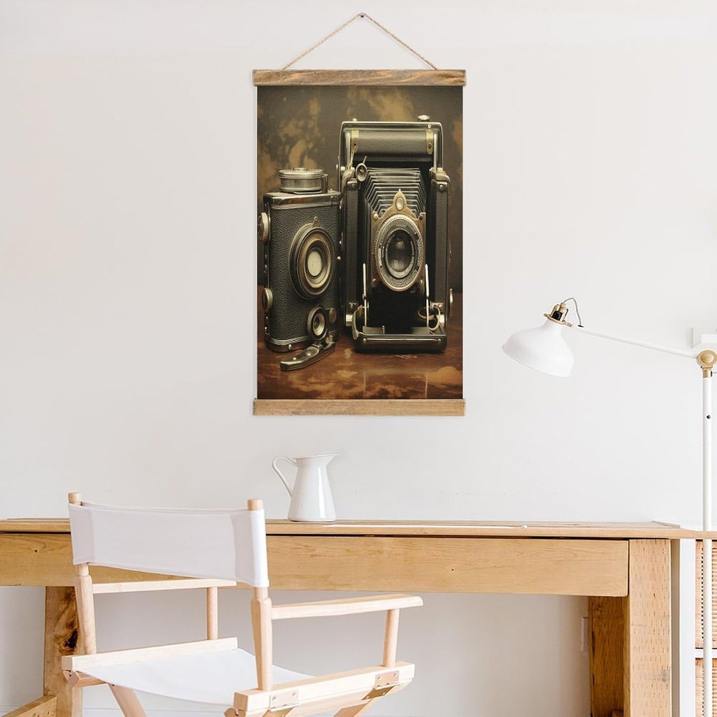 Vintage Old Camera Poster with Wooden Frame Personalized Linen Hanging Scroll Painting Rustic Wall Hanging Illustrative Modern Artwork Decor for Home Living Room Bedroom Office