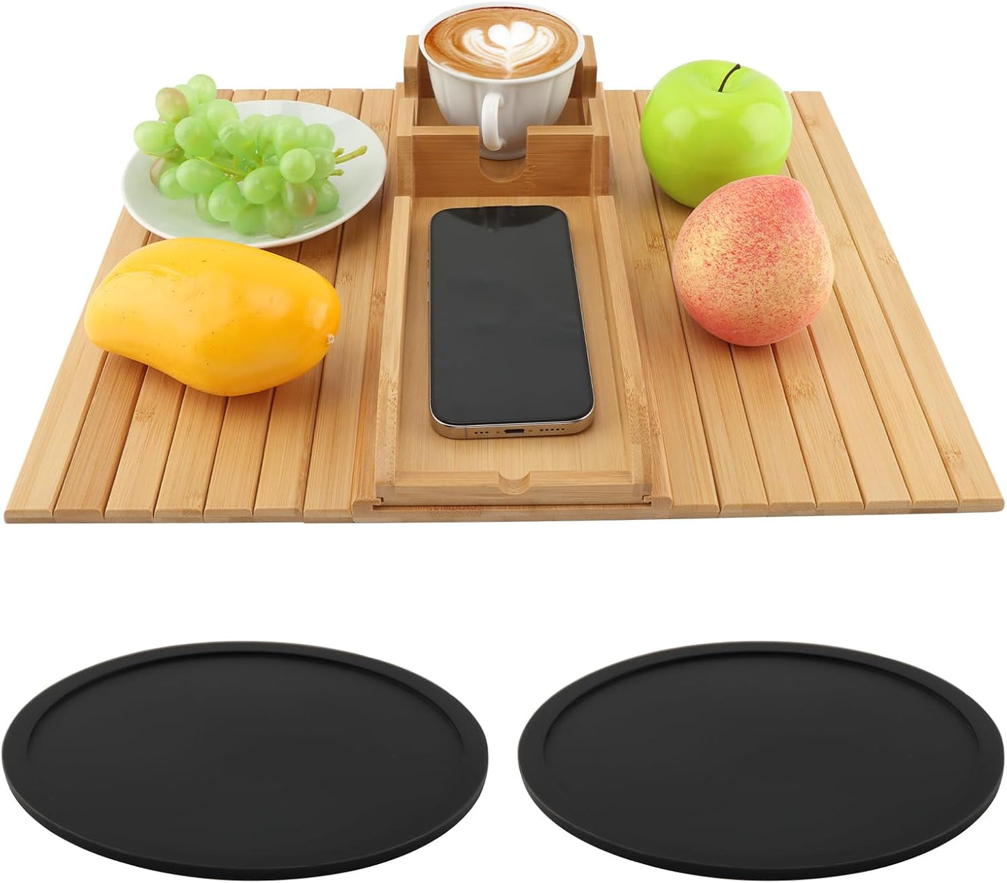 Bamboo Couch Armrest Table, Anti Falling Sofa Arm Tray with Removable Couch Cup Holder for Drink & Snack, Foldable Tray with Coasters for Couch, Recliner, or Loveseat