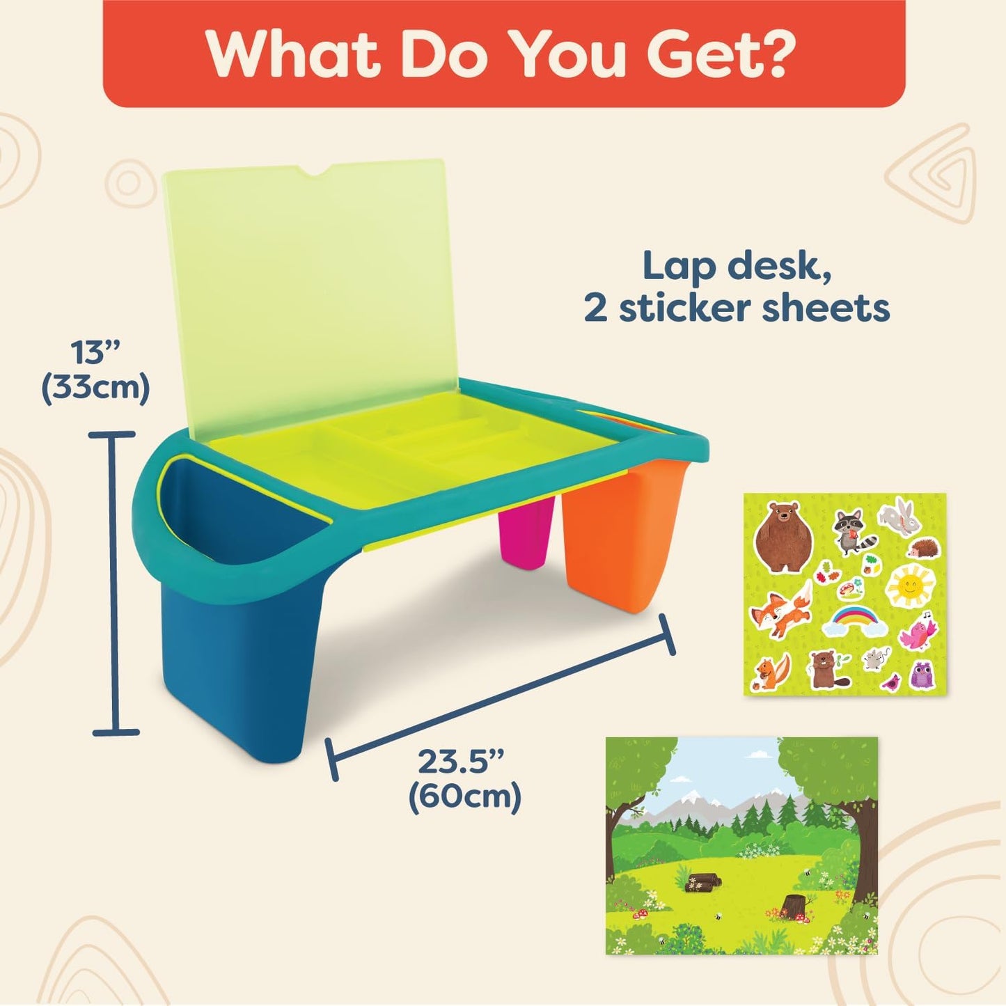 B. toys – Imagination Station – Creative Kids Lap Desk – Lap Desk for Art, Coloring, Writing – Portable Table with Storage Space – Reusable Sticker Set – 3+ Years