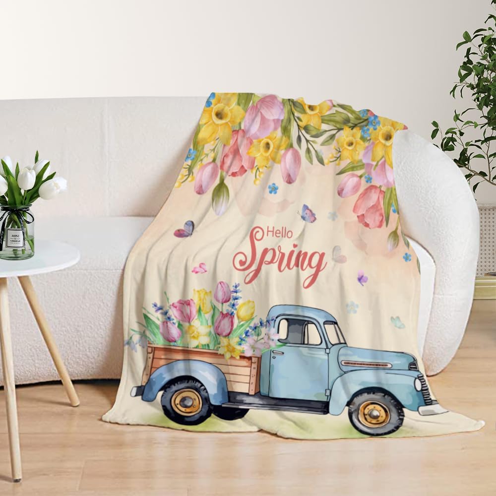 YeeJu Spring Throw Blanket 50x60 Farmhouse Spring Theme Floral Tulip Blanket Throw Blanket for Couch Sofa Bed Soft Cozy Fuzzy Plush Fleece Blankets Decorative Blanket 50 by 60