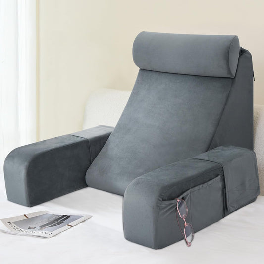Reading Pillow for Bed Sitting Up — 19" Wedge with Arms, Backrest Cushion, Medium (Grey)