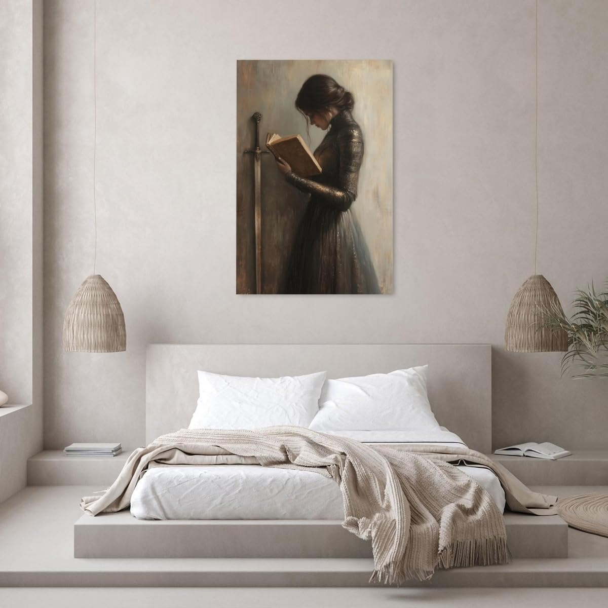 Vintage Victorian Woman Knight Reading a Book Wall Art Print Library reading posters Dark Academia Aesthetic Room Decor Unique Neutral Victorian book wall art bookish decor Framed12x16inch