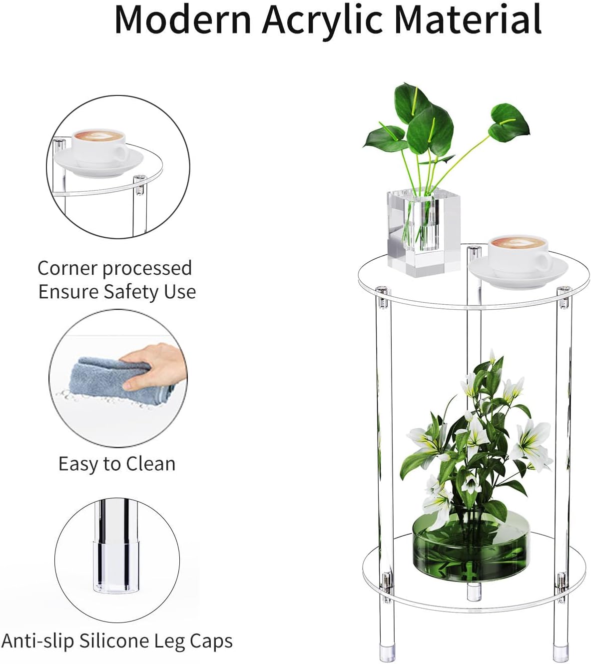 Clear Round Acrylic Side Table for Small Spaces, 11.81" L x 11.81" W x 19.82" H, 2 Tier Small Modern Drink End Table Nightstand, Minimalist Bedside Table for Living Room, Bedroom, Bathroom