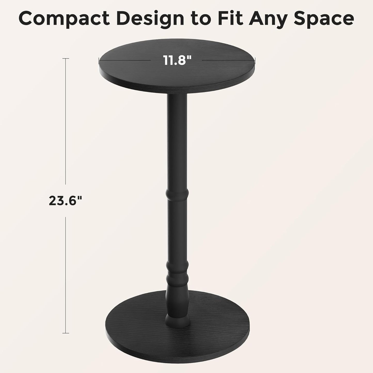 12" Round Side Table, Solid Wood Pillar with Wood Top & Base, Small Drink Accent Table for Living Room, Bedroom, Sofa & Office, Easy Assembly, Black