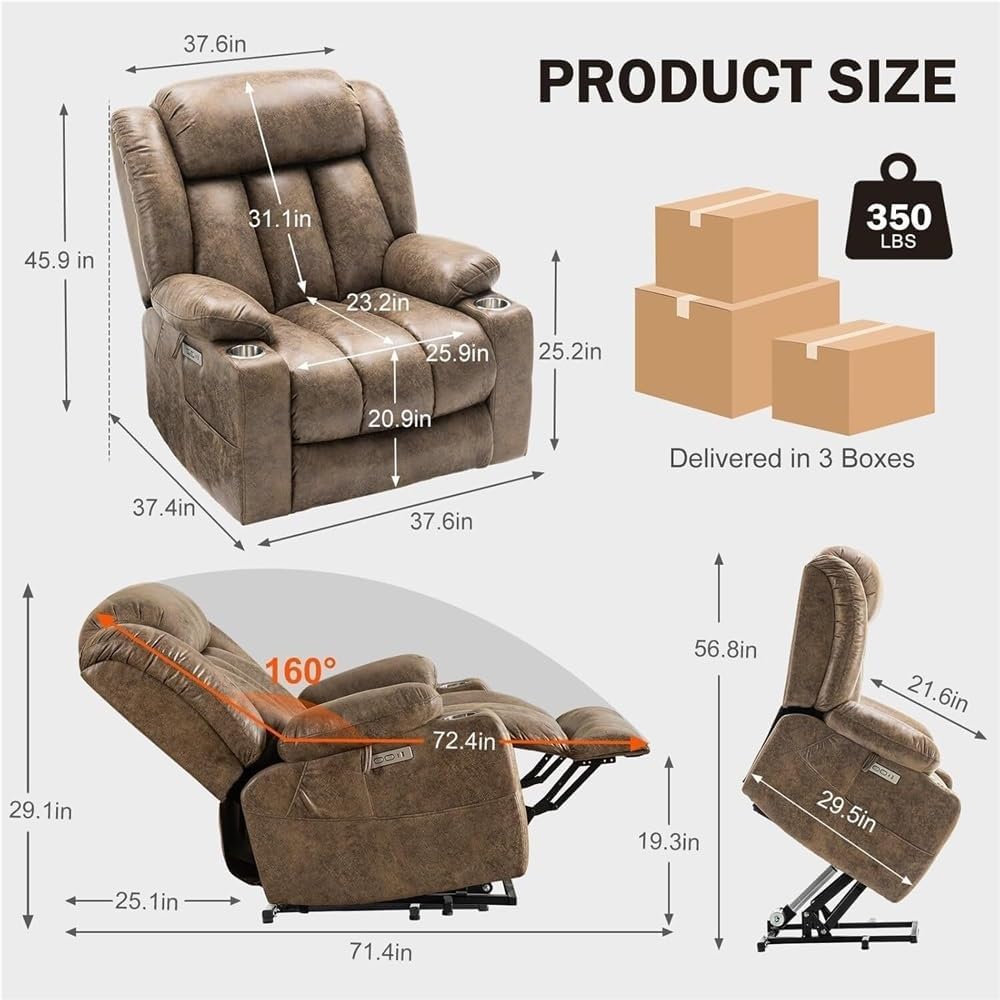 Power Lift Recliner Chair with Massage & Heat – Overstuffed Wide Electric Recliner with Infinite Position Adjustment, USB & Type-C Ports, Cup Holders, Leather Living Room Seating for Adults