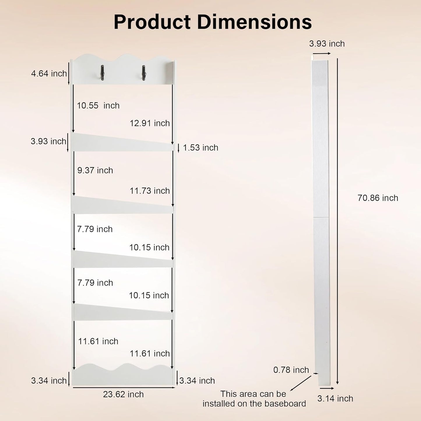 Janmid 5-Tier Behind The Door Bookshelf, Wall Mounted White Wooden Book Shelf Organizer, Slim Narrow Space-Saving Storage Cabinet for Bedroom, Living Room, Playroom – 70.9×23.6×7.9 in