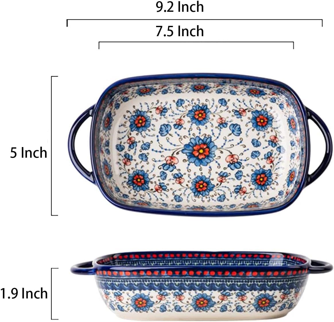 Blue and Orange Flower Vintage Style Ceramic Bakeware Casserole Dish Baking Pan Lasagna Pans with Handles for Oven/Cooking/Kitchen-1 PCS-22 OZ