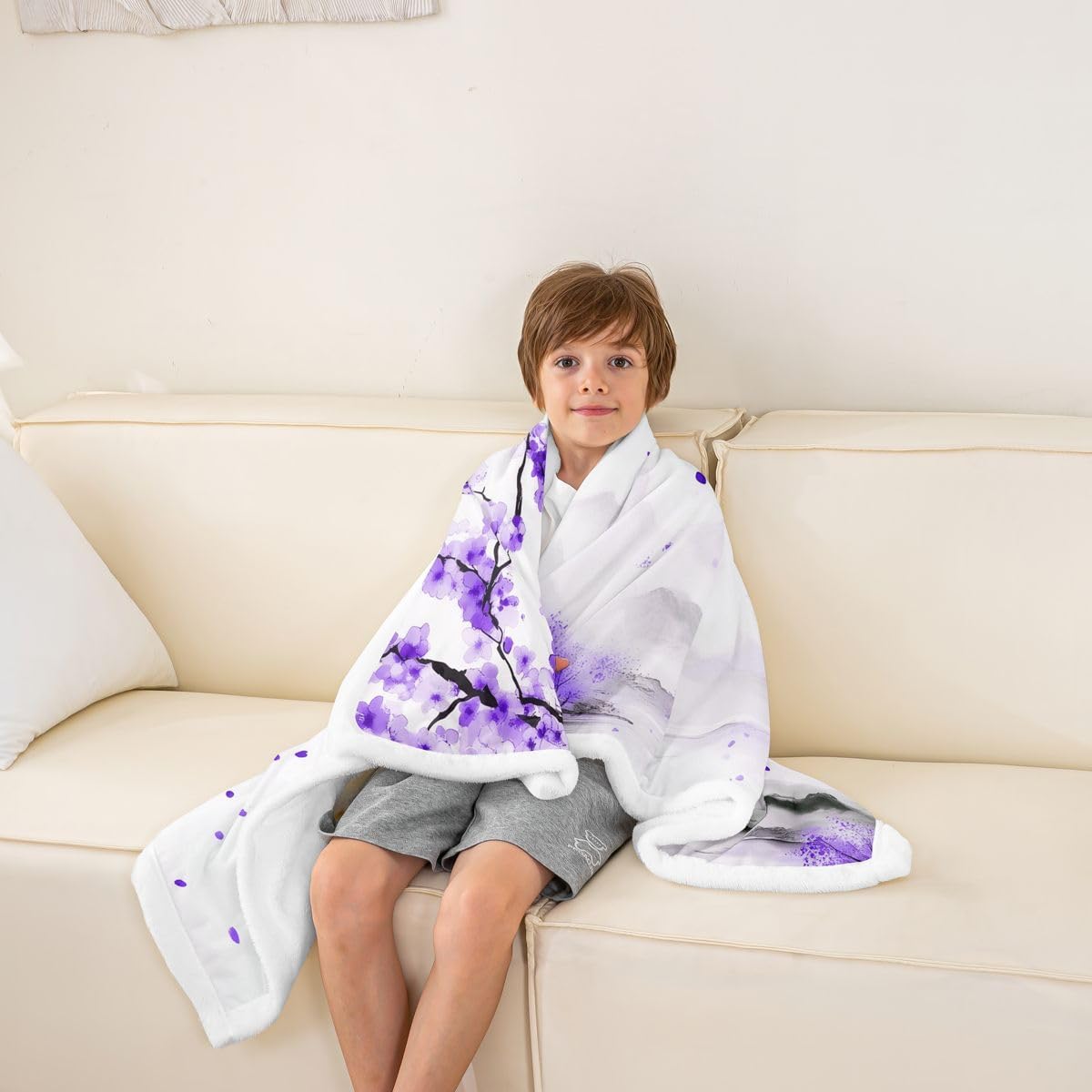 Feelyou Japanese Sherpa Throw Blanket for Couch Purple Mountain Super Soft Cozy Fleece Trees Natural Scenery Art Blanket for Winter, Plush Throw Nature Lover Gift Twin 60"x80" All Season