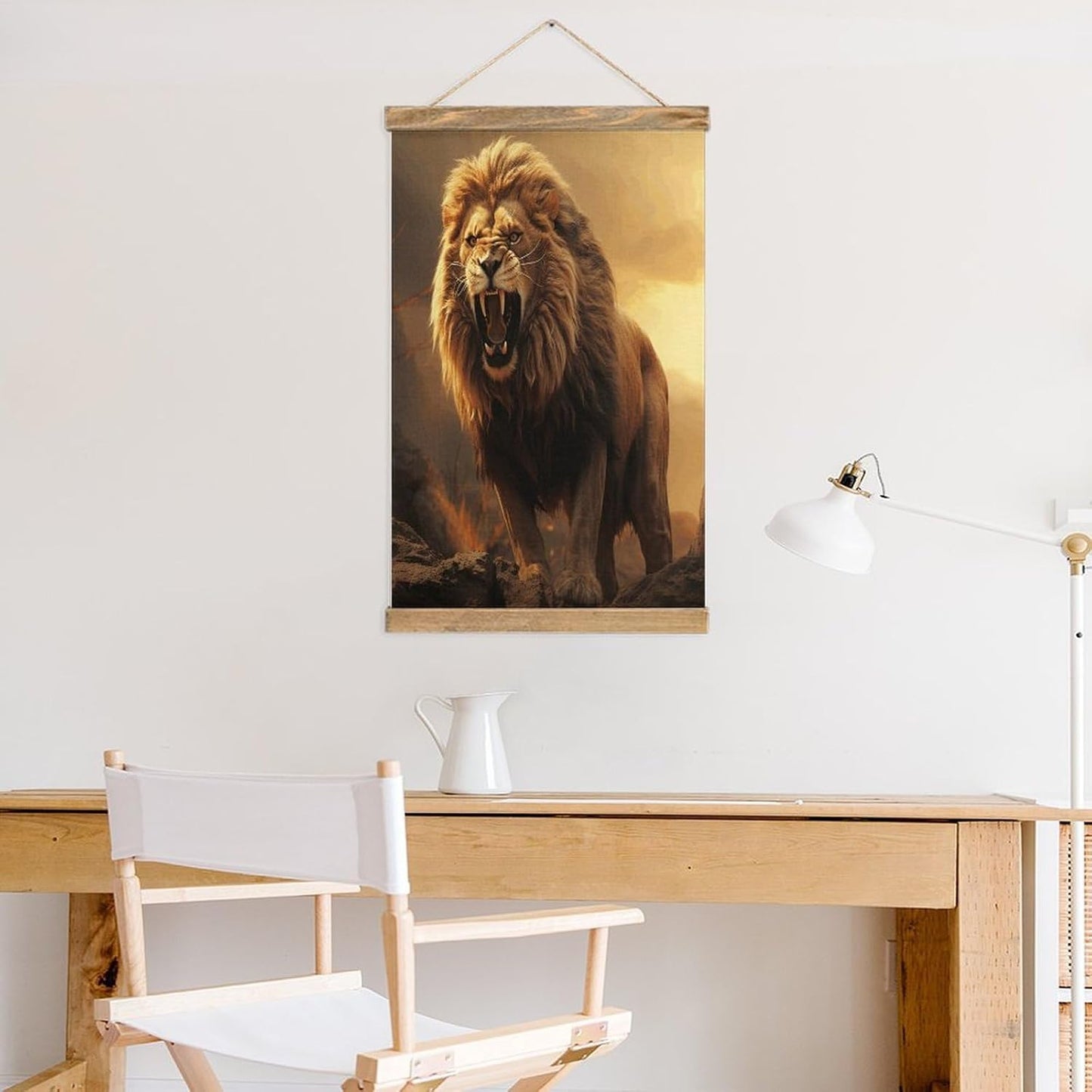 Vintage Angry Roaring Lion Poster with Wooden Frame Personalized Linen Hanging Scroll Painting Rustic Wall Hanging Illustrative Modern Artwork Decor for Home Living Room Bedroom Office
