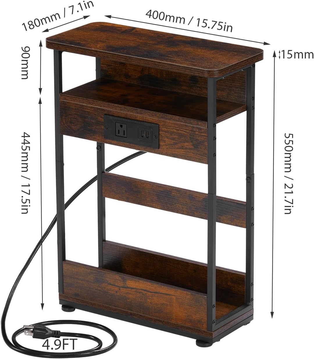 Narrow Side Table With Charging Station, 3-Tier End Table with 2 USB Ports & Power Outlets,Thin Sofa Side Table for Narrow and Small Spaces, Bedside Table Nightstand for Living Room,Rustic Brown