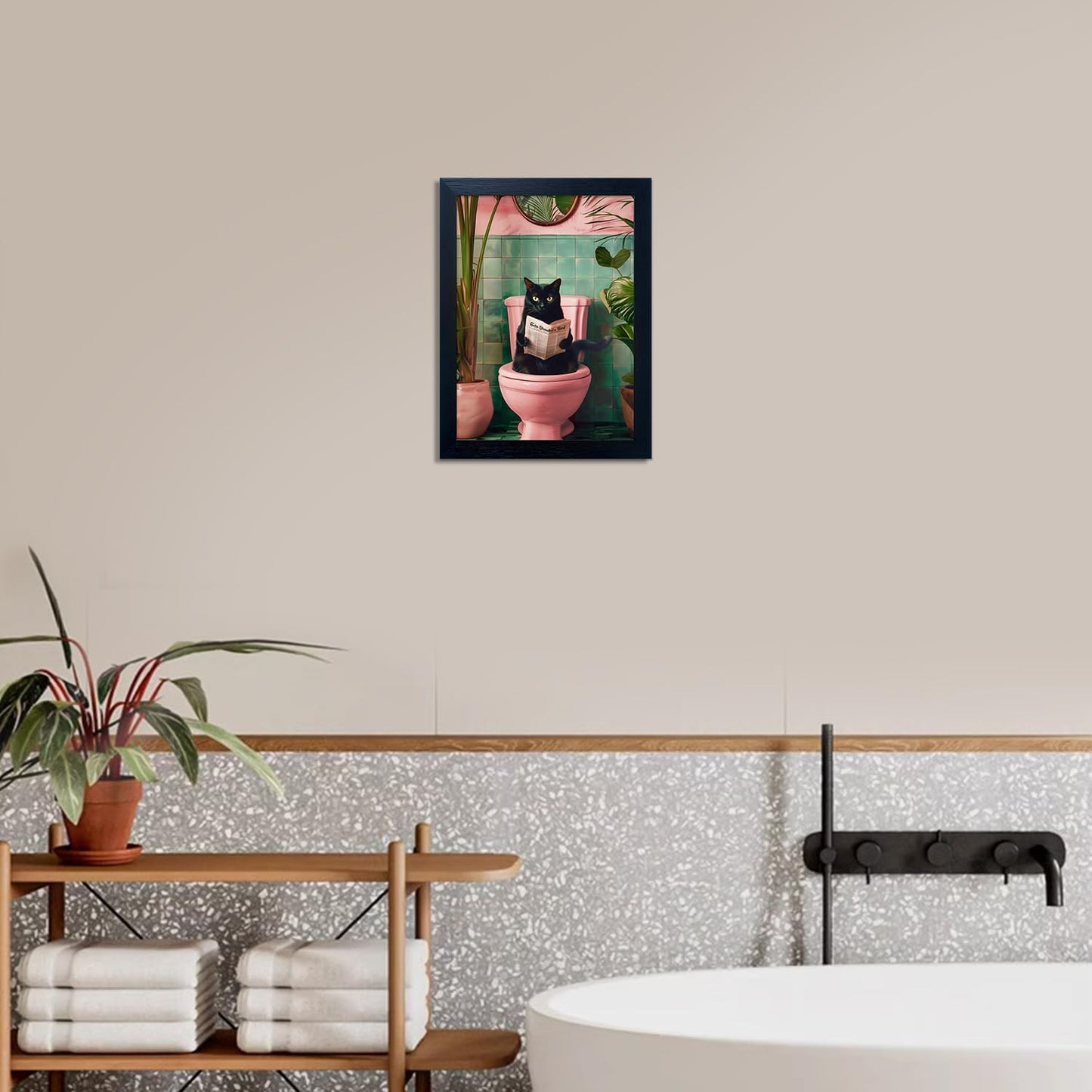 Framed Black Cat Bathroom Decor Pink Trendy Girly Wall Art Funny Cat Reading Toilet Decor Farmhouse Picture Wall Decor