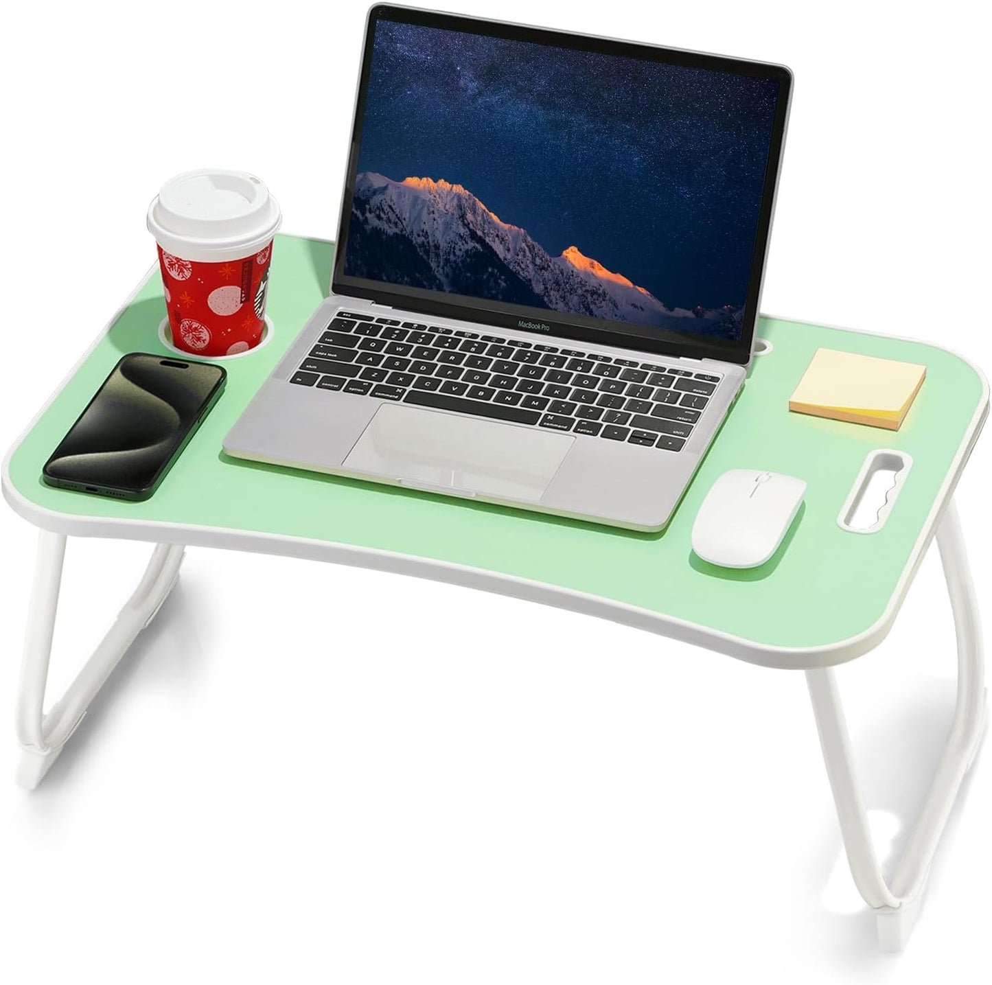 Laptop Bed Desk, Foldable Lap Desk, Portable Lap Table, Laptop Stand with Cup Holder & Tablet Slot & Lifting Handle for Working Writing Drawing & Eating - Green