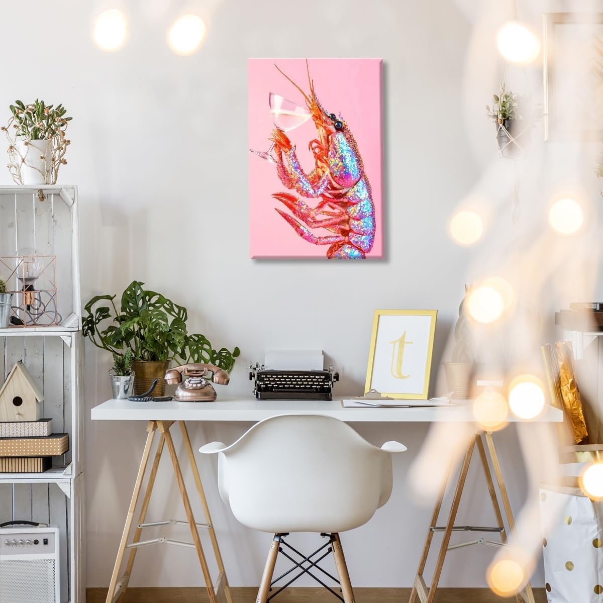 Psychedelic Pink Lobster Cocktail Wall Art Funny Crayfish Martini Poster Trippy Coastal Beach Aesthetic Canvas Prints Colorful Shrimp Picture Funky Seafood Decor for Kitchen Bar 16x24inch Unframed