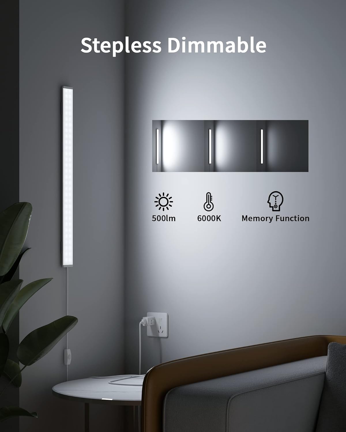 ASOKO Under Cabinet Light, Upgrade 16inch LED Closet Light with Dimmable 6000K Cool White and Memory Function, Plug-in Under Counter Lights for Kitchen/Desk/Shelf/Workbench/Display Case/Room