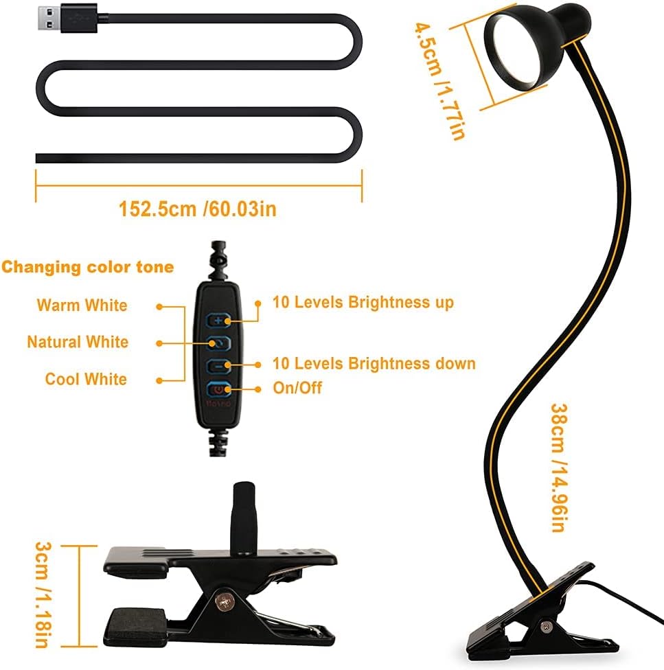 Clip-on Reading Light - 3 Color Modes, 10 Dimmable Brightness, Eye Care Clamp Desk Lamp with Flexible Gooseneck for Reading in Bed, Desk, Headboard, Computer