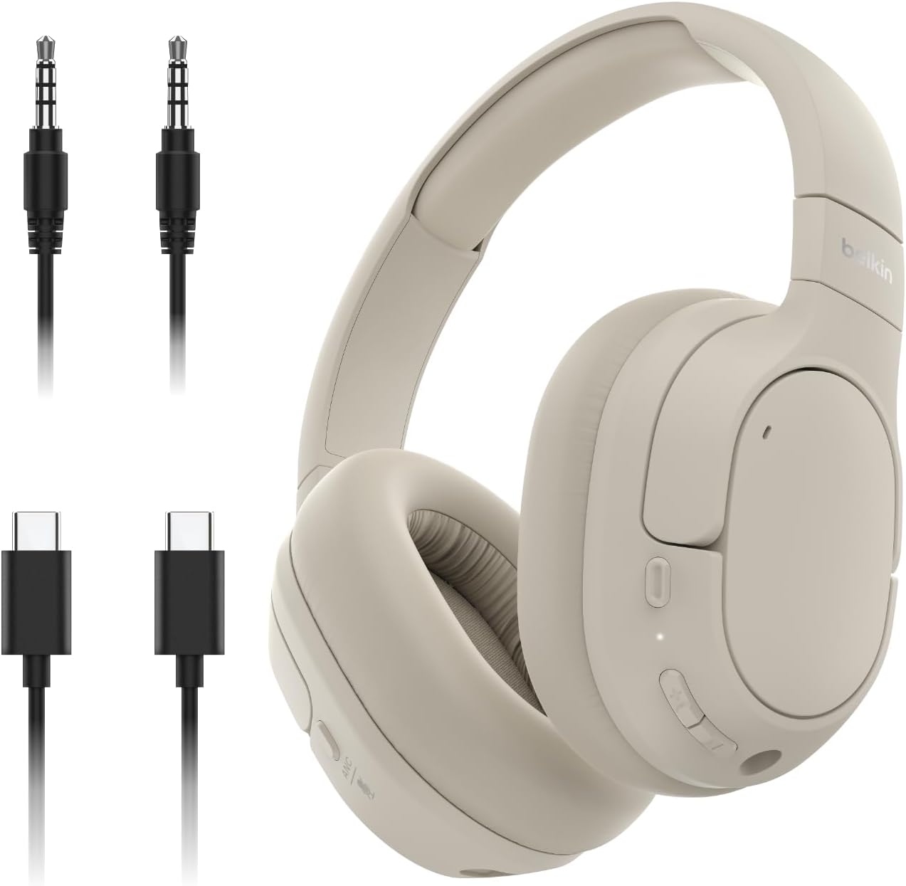 Belkin SoundForm Isolate Bluetooth Over-Ear Headphones - Hybrid Active Noise Cancelling Headphones - Wireless w/ 60H Playtime, Fast Charging & CloudCushion Ear Cups for Travel, Home, or Office - Sand