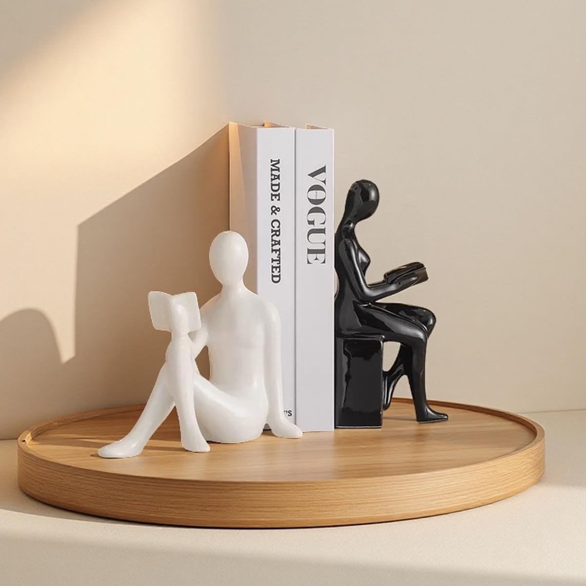 Decorative Bookends, Ceramic Book Ends for Shelves, Home Office Decor Aesthetic Book Stopper Reading Book Holders Statues for Bookshelf Bedroom Living Room Decoration (White and Black)