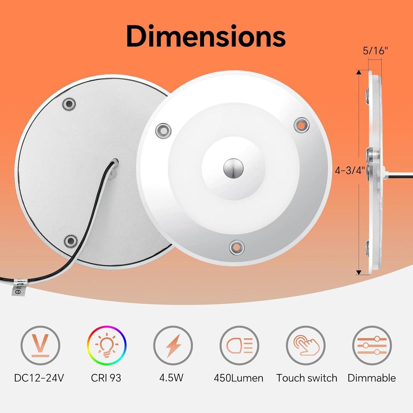 2 Pack 12V LED Ceiling Dome Light 400LM, 4.75" Dimmable Interior Light for RV Boat Camper Van Travel Trailer Truck Sailboat Interior Lighting,Surface Mount & Touch Switch (Warm White)
