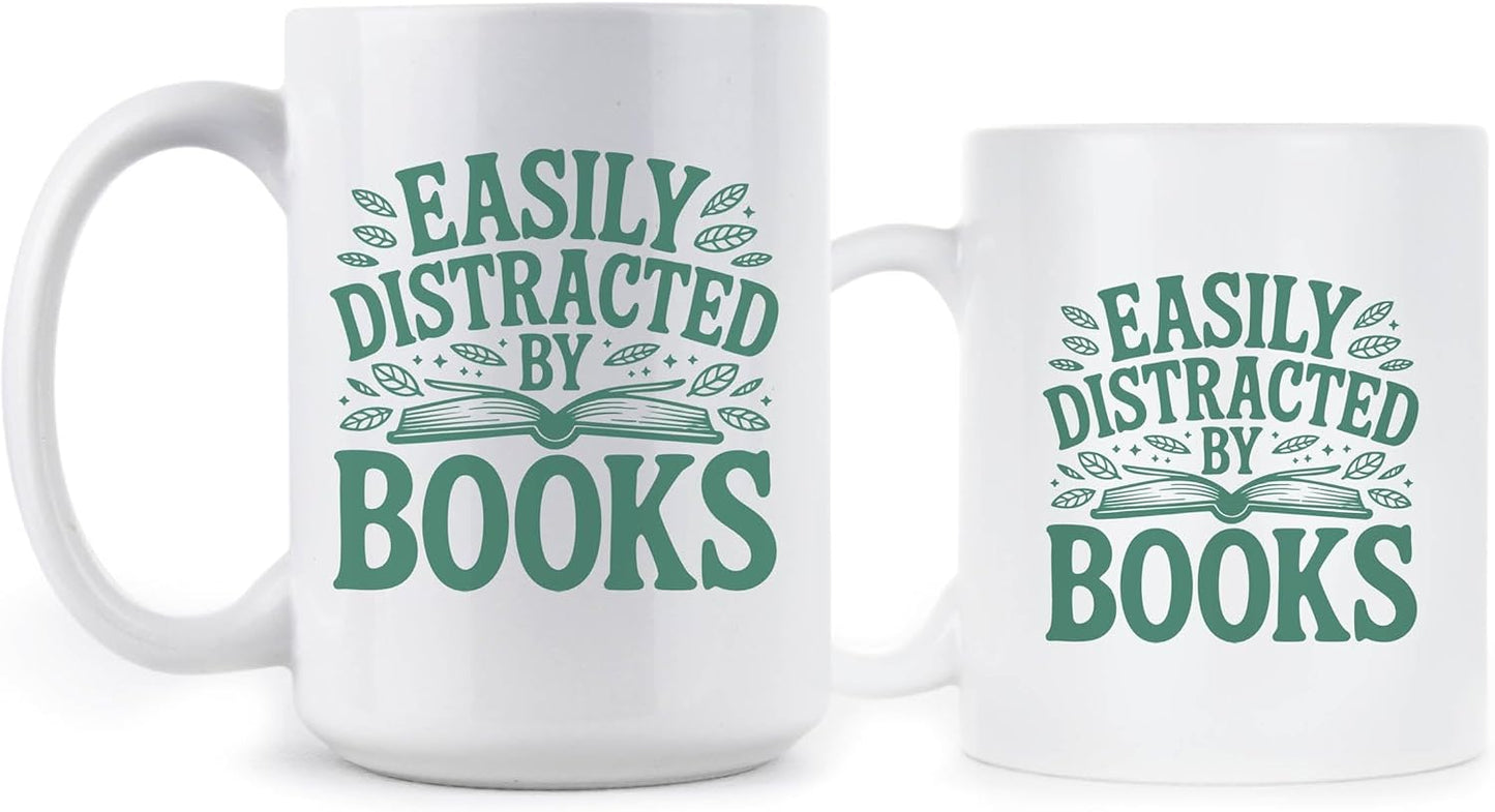 LIBBY'S BENCHMARK27 DESIGNS Easily Distracted by Books Mug Book Lover Coffee Cup Reading Gifts