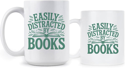 LIBBY'S BENCHMARK27 DESIGNS Easily Distracted by Books Mug Book Lover Coffee Cup Reading Gifts
