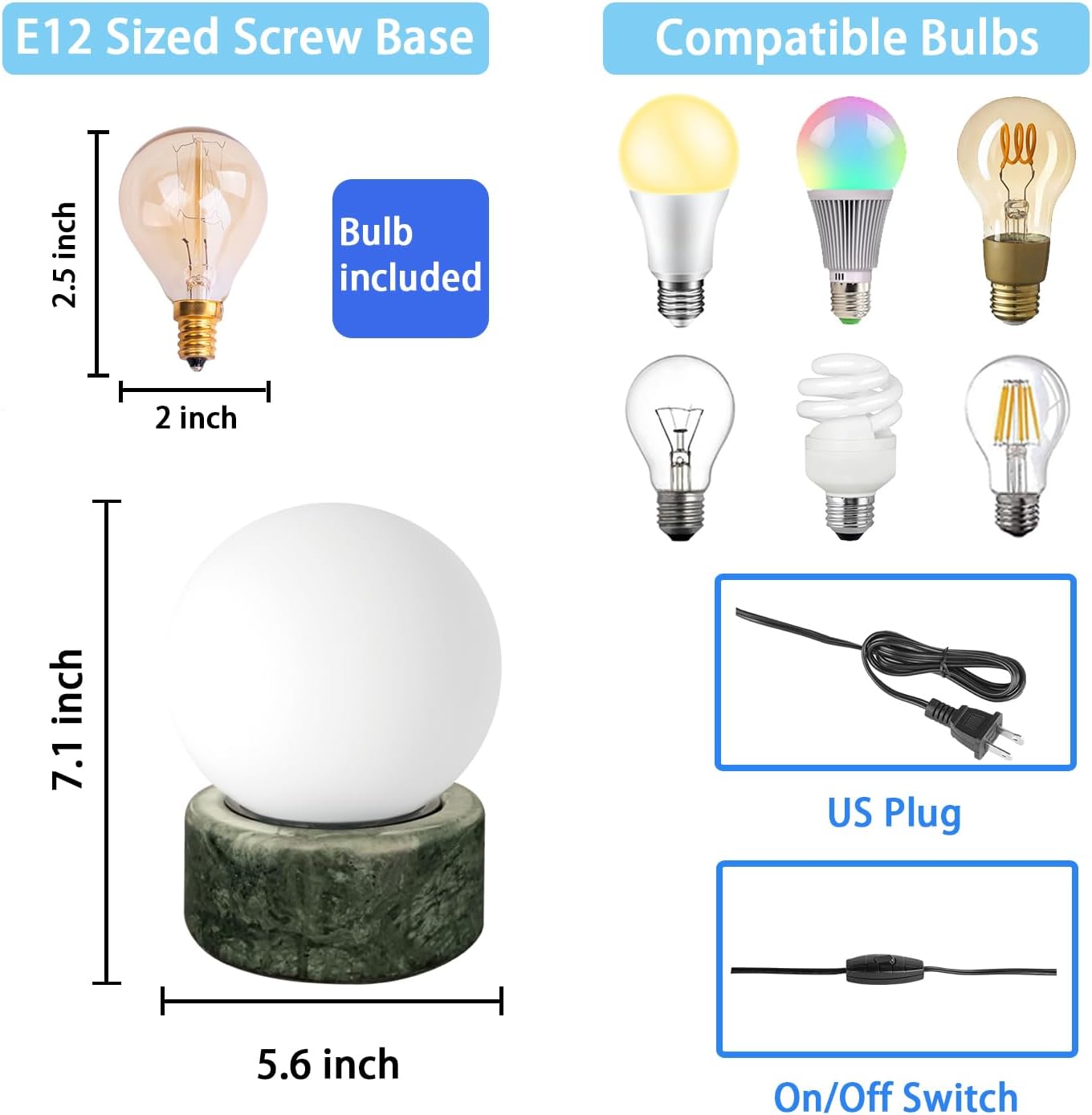FLORNIA Globe Tble Lamp, Modern Industrial Round Table Lamp, Unique Bedside Nightstand Desk Lamp with Glass Shade and Marble Base for Bedroom, Living Room, Office Study, Decoration (Include Bulb G45)