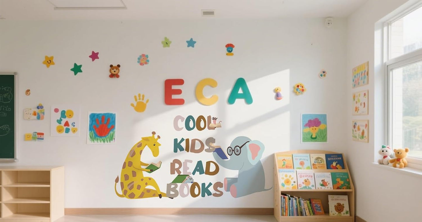 Reading Wall Decal for Kid's Room, Cool Kids Read Books Motivational Quotes Wall Sticker, Giraffe Elephant Reads Theme Vinyl Removable Wall Art for Classroom Preschool Library