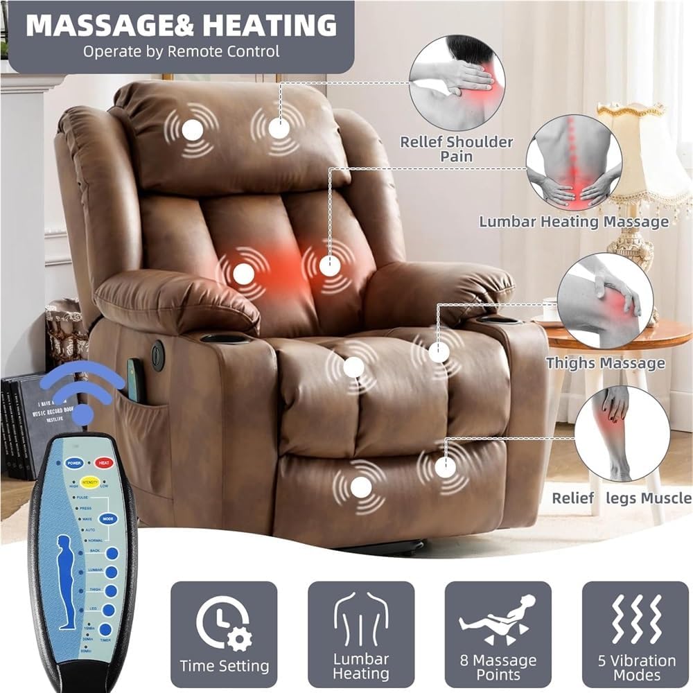 Power Lift Recliner with Heat and Massage, Electric Recliner Chair for Adults with USB Ports, Cup Holders, Side Pockets, Remote Control, Adjustable Leather Lounge Seating