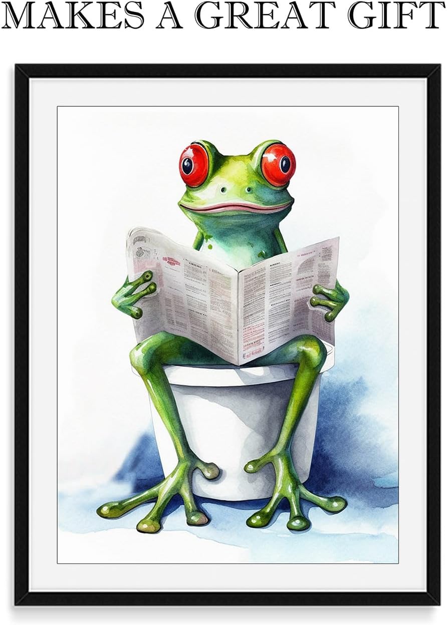 Funny Frog Sitting on the Toilet Reading a Newspaper 11x14 Unframed Wall Art Print - Cute Unique Christmas Birthday Mothers Day Cheerful Animal Print Gift Idea for Mom and Fun Humor Bathroom Decor