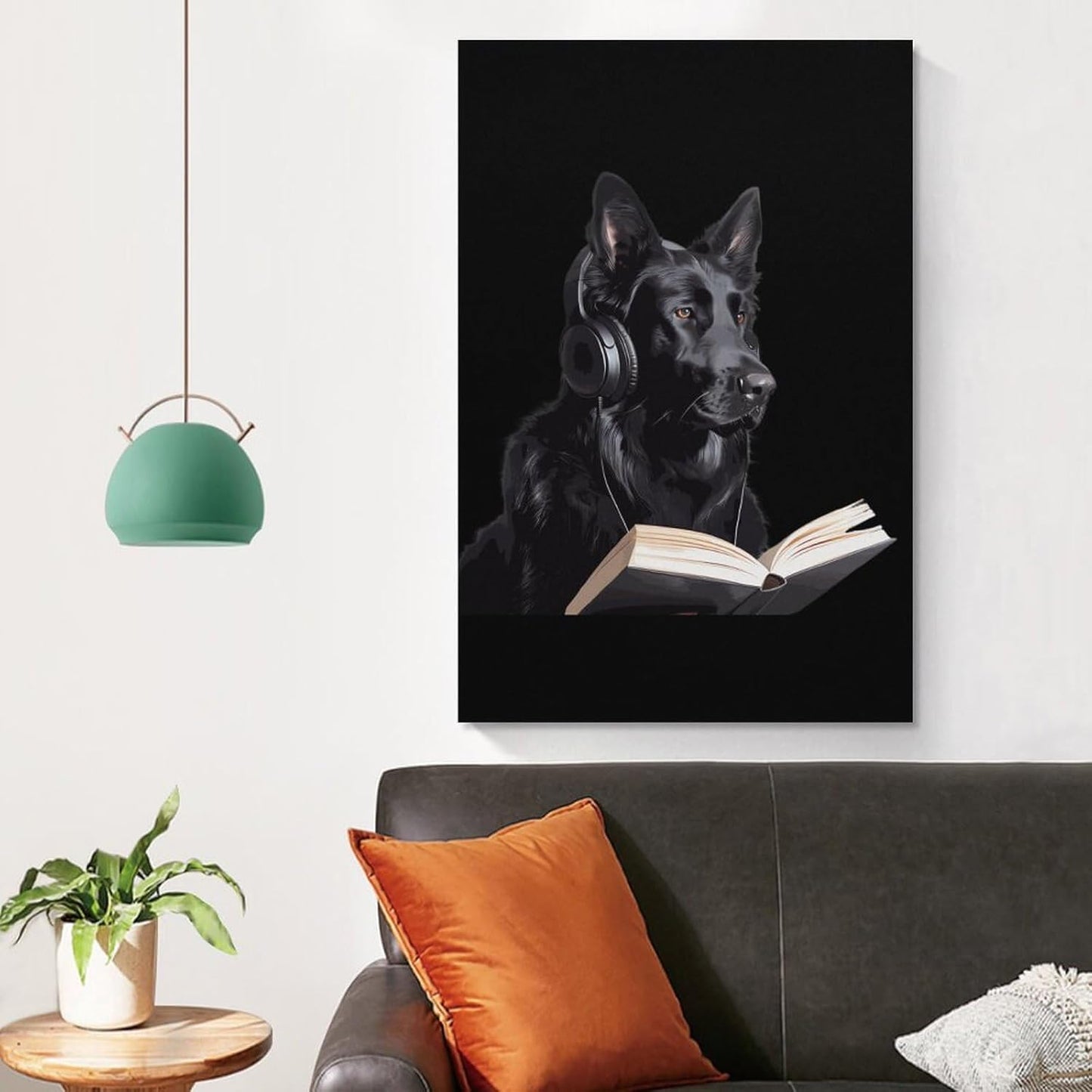 German Shepherd Wearing Headphones Reading Canvas Wall Art Print Artwork Picture Hanging Painting Modern Home Living Room Decor