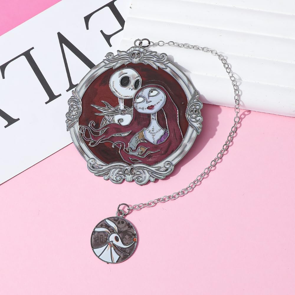 Gothic Christmas Metal Bookmark - Jack & Sally Couple & Silver Chain CharmVintage Engraved Book Accessory for Dark Holiday Lovers, Timeless Macabre Jewelry Gift (Red & Black)