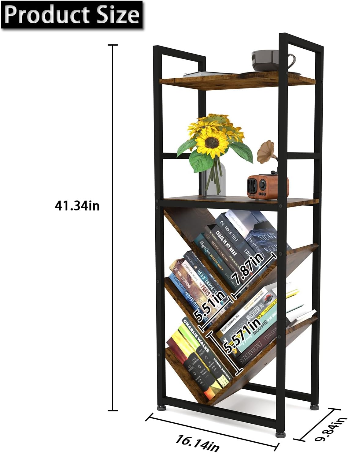 6-Tier Tree Bookshelf for Corner & Small Spaces, Modern Rustic Metal Bookcase Storage Organizer for Books, CDs, Movies – Industrial Floor Standing Bookshelves for Bedroom, Living Room, Home Office
