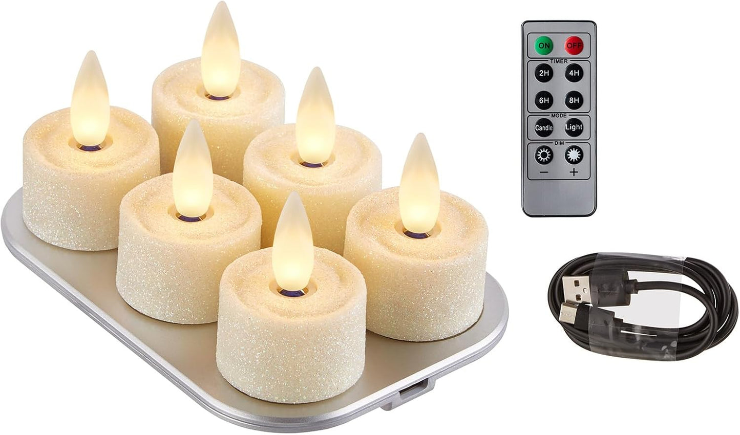 Rechargeable Flameless Tealights Candle with Remote Timer, 3D Moving Flame Real Wax Led Tealight Candles (Glitter Ivory, 1.4in)