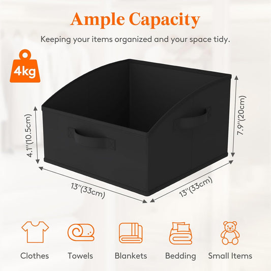 Lifewit Trapezoid Closet Storage Bins for Shelf, 6 Packs Non-woven Closet Organizer Baskets with Handles, Foldable Clothes Containers Boxes for Clothing, Book, Purse, 16L, Medium, Black
