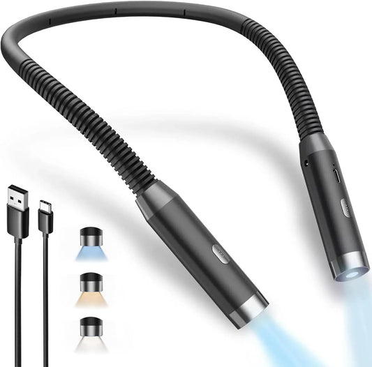 LED Neck Reading Light, 3-Color & 3-Brightness Adjustable Bendable Neck Light, USB Rechargeable Book Light for Reading in Bed, Knitting, Crochet, Camping, Working, Book Lovers Gifts (Black)
