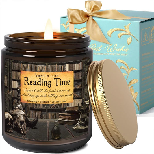 Reading Candle, Book Lovers Gifts, Readers, Bookish Present, Funny Birthday Gifts for Book Lovers Women, Bookworm, Librarian, Men, Friend, Mahogany Leather Coffee Scent Candle 9OZ
