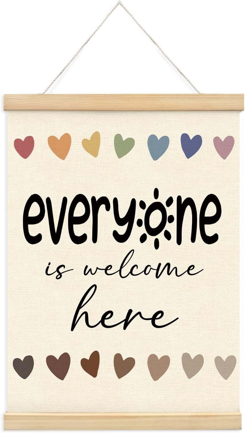 Mtrgdn Everyone is Welcome Classroom Decor,Everyone is Welcome Here Sign,Classroom Door Sign,Back to School Poster Hanger Frame Decor for Teacher Office Counselor Therapy,12x6 Inch
