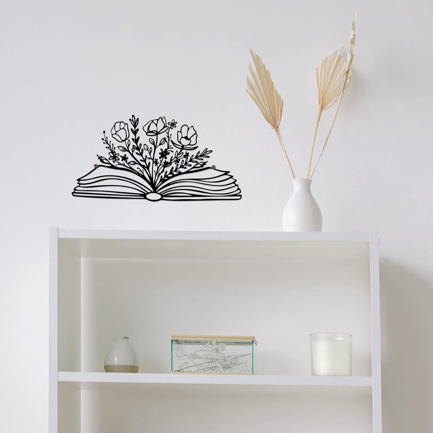 SwallowLiving 14 x 7 Inches Reading Sign Decor Book Lovers Teacher Gift Black Metal Book Flower Wall Art for Library,Reading Room,Living room or Bedroom