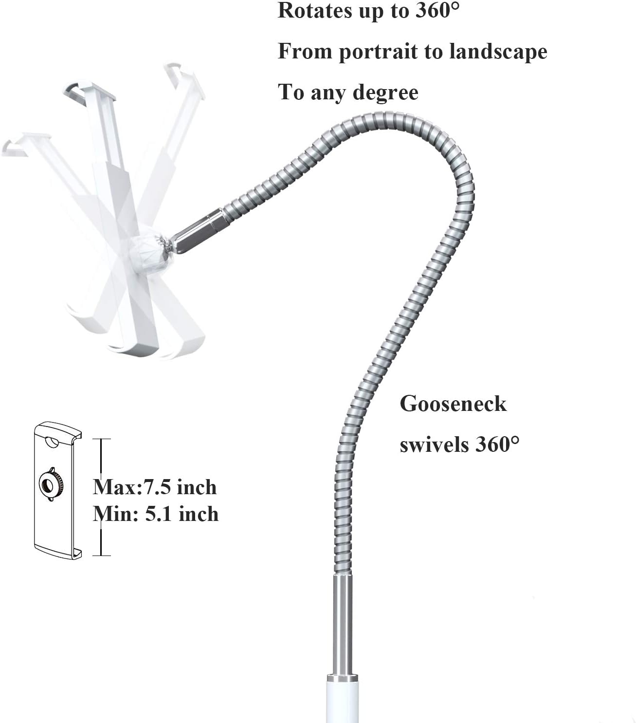 Tablet Floor Stand with Flexible Gooseneck and Stable Aluminum Base Suitable for 3.5” - 10.6” Smart Phone & Tablet White