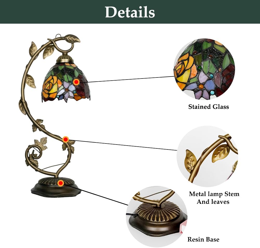 Skyblaze Tiffany Style Table Lamp with Metal Leaf, Stained Glass Desk Lamp, Vintage Night Light, Art Deco Reading Light with Handmade Lampshade for Nightstand Living Room (Rose)