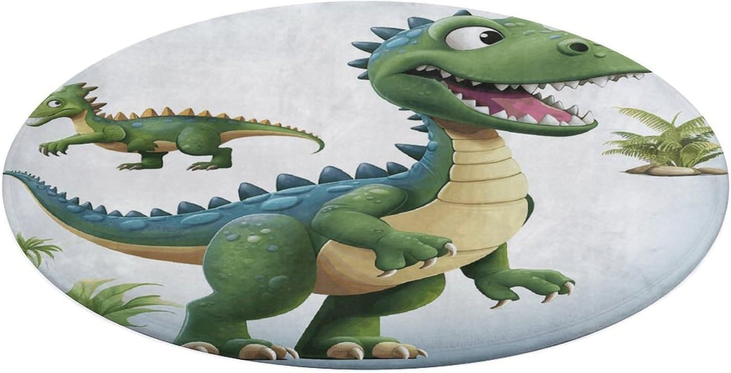 Cartoon Dinosaur Images Circle Rug Retro Luxury Coral Velvet Floor Mat Non Slip Soft Indoor Floor Carpet Comfy Thickened Area Rugs Modern Aesthetic Minimalist Carpets for Home Decor