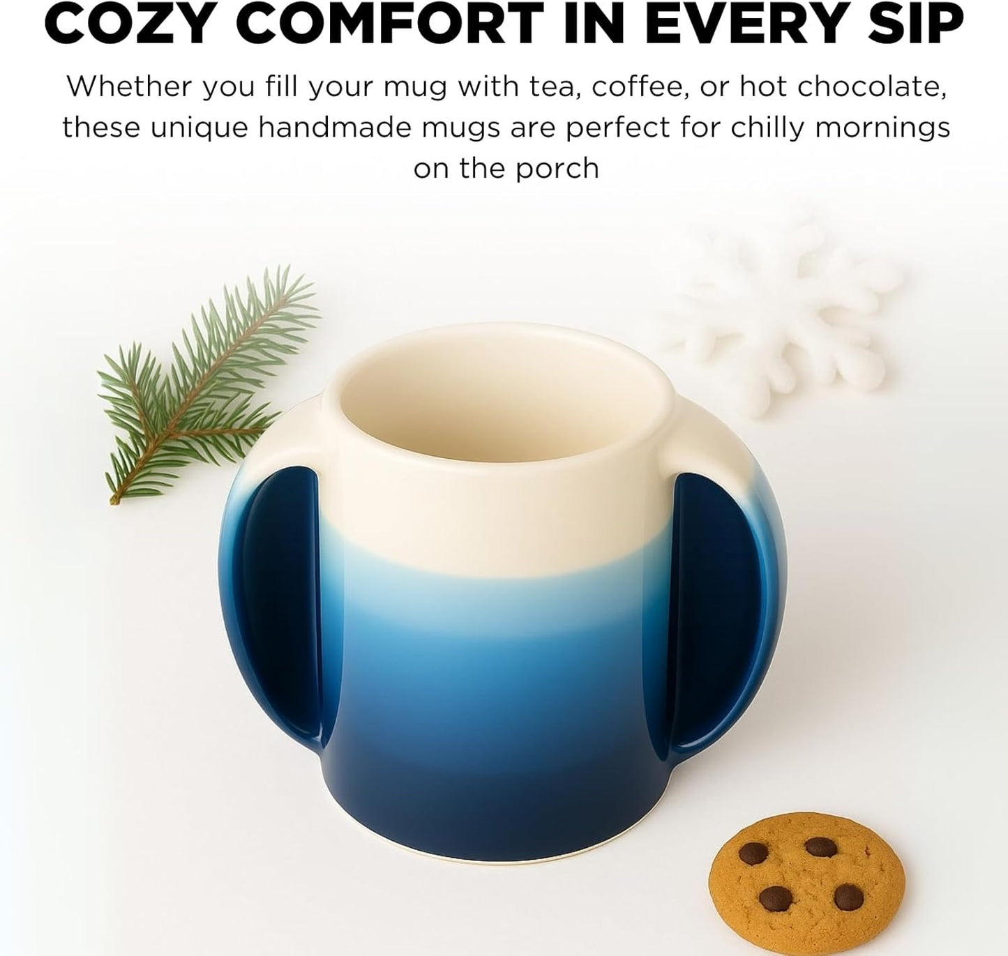 Double Hand Warmer Mug , Handmade Pottery - HandWarmer Contoured Pockets Both Hands will Hold Warmth From The Heat Of Your Drink To Keep Your Fingers Warm, Comfy Blue - Winter Stocking Stuffer Gift