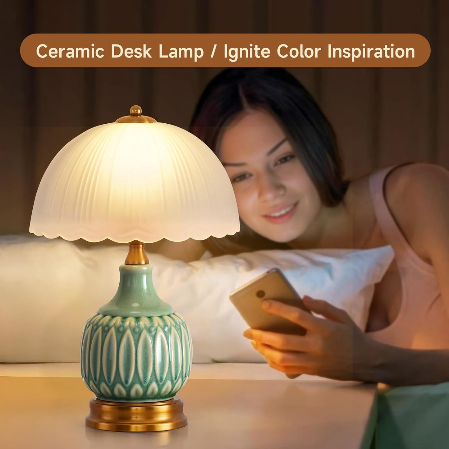 Vintage Lamp for Living Room,15.7" High 9.8“Wide Modern Ceramic Table Lamps for Bedroom,Retro Bedside Nightstand Traditional Lamps, Classic Chinoiserie Green Lamp for Home Decor