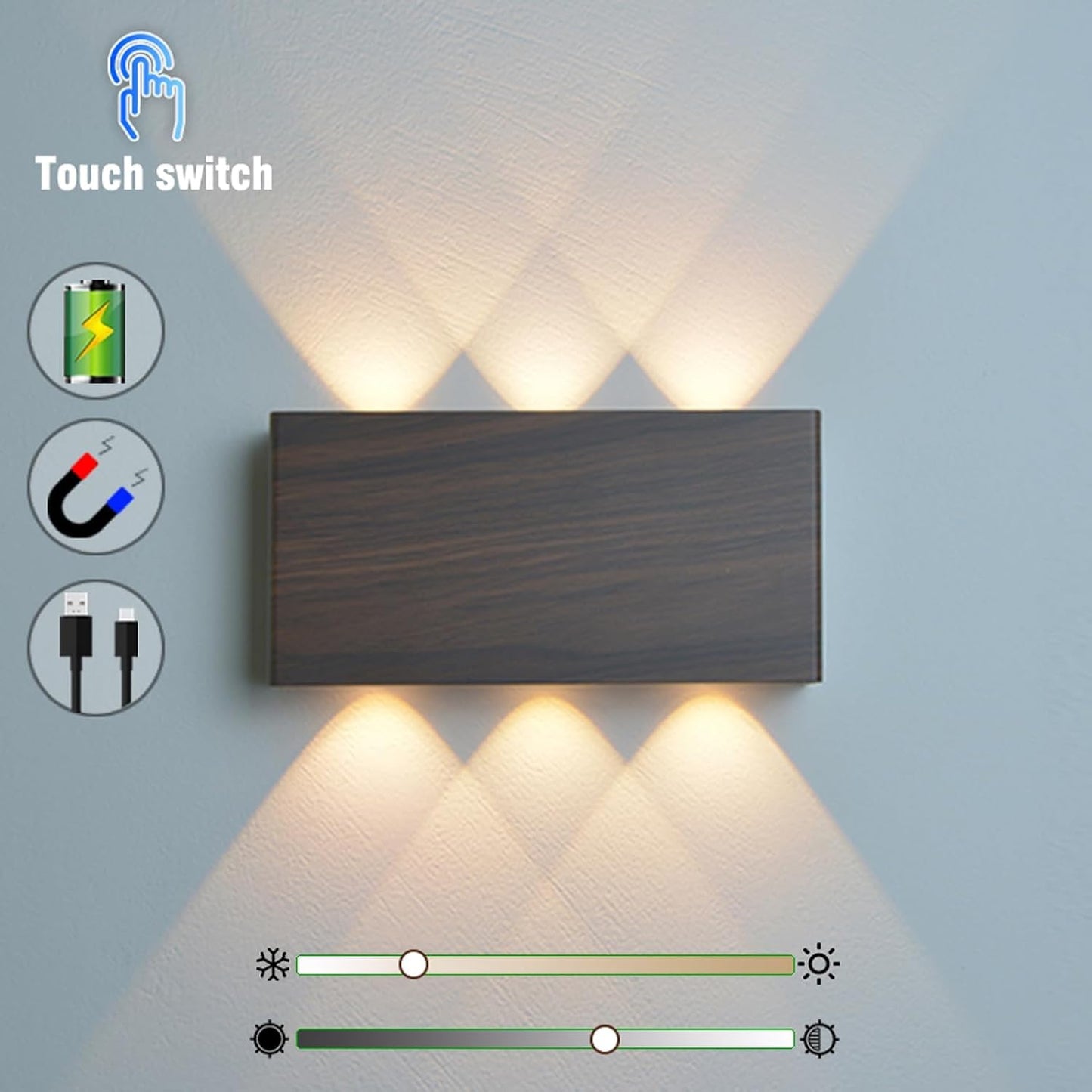 2 Pcs LED Magnetic Wall Sconce Lights,5000mAh Wireless Bedside Wall Light USB Rechargeable Reading Wall Lamp,3 Lighting Colors And Dimmable Battery Operated Wall Sconces (Walnut color, 2 pcs)