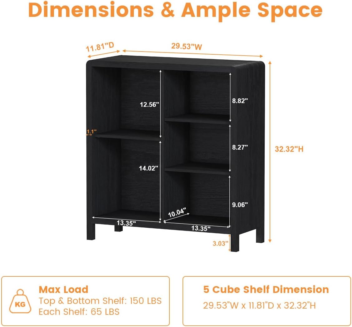 FATORRI 5 Cube Bookshelf, Wood Bookcase with 3 Adjustable Shelves, Farmhouse Cube Storage Organizer Shelf for Small Space Bedroom Living Room (Black)
